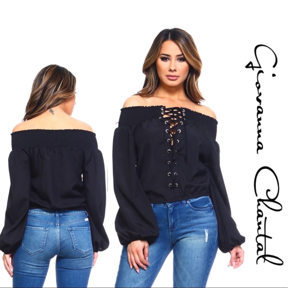 Black Crop Top Lace-Up Off Shoulder Chiffon Blouse